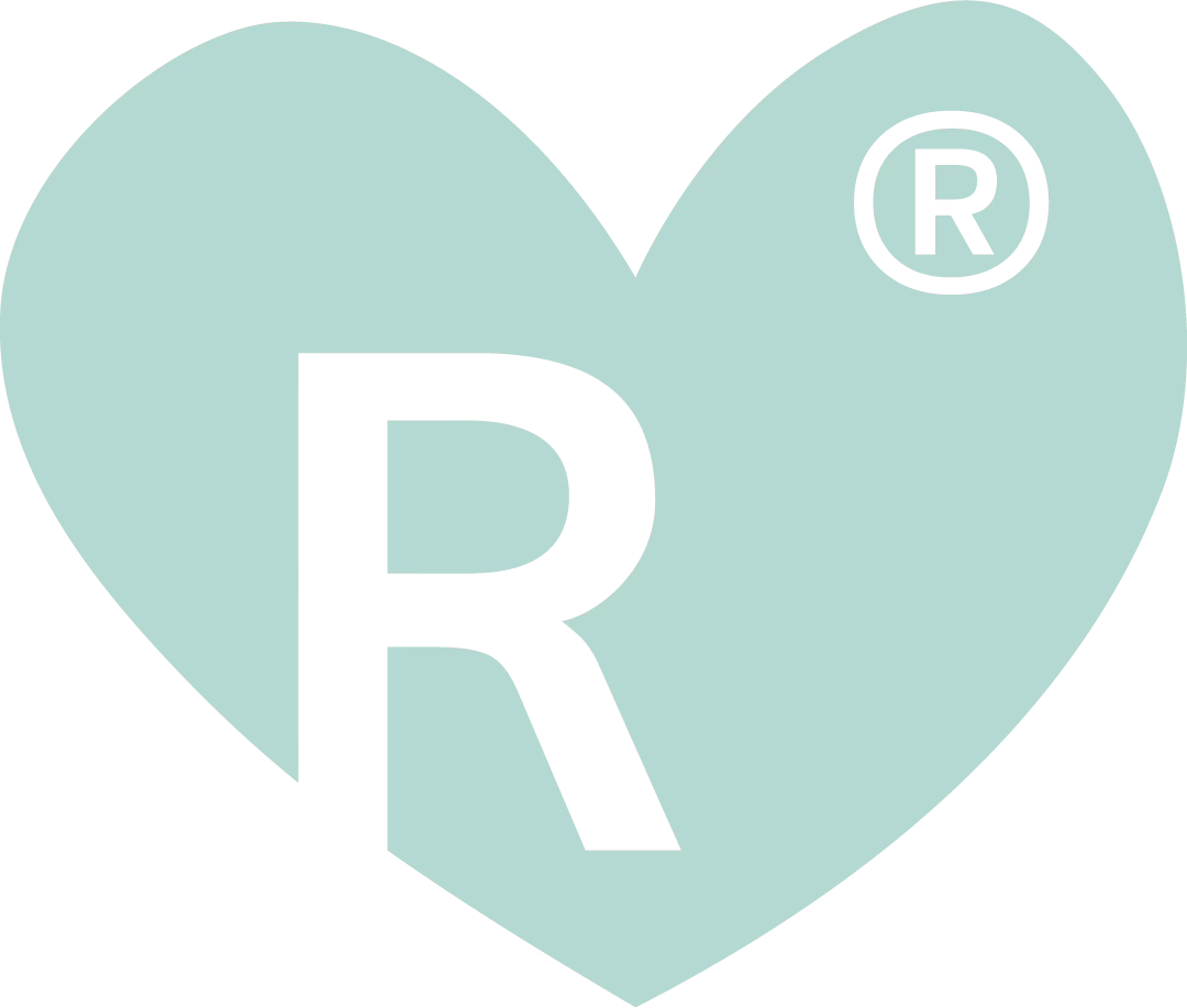 R Love in mint. Heart icon with an R cut-out.