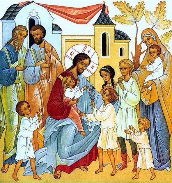 An icon-style illustration of Jesus blessing children with some adults on the periphery