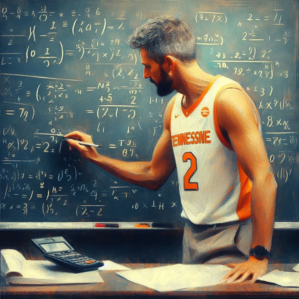 A professor in a University of Tennessee basketball uniform writing math equations on a blackboard, impressionism