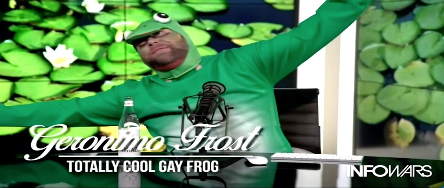 Alex Jones dressed as Geronimo Frost, the totally cool gay frog. He is definitely also very drunk. 