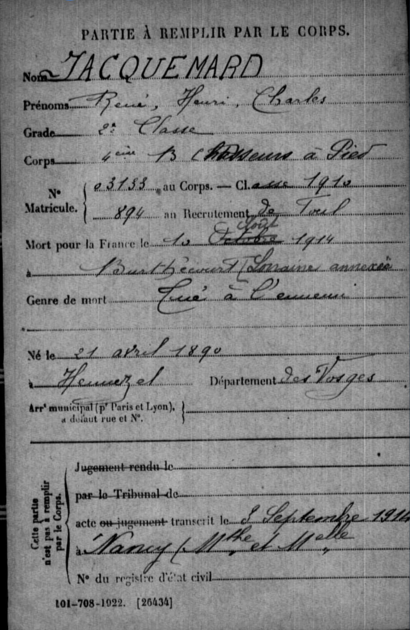 Henri Jacquemard's military death certificate from the Mémoire des Hommes online database.