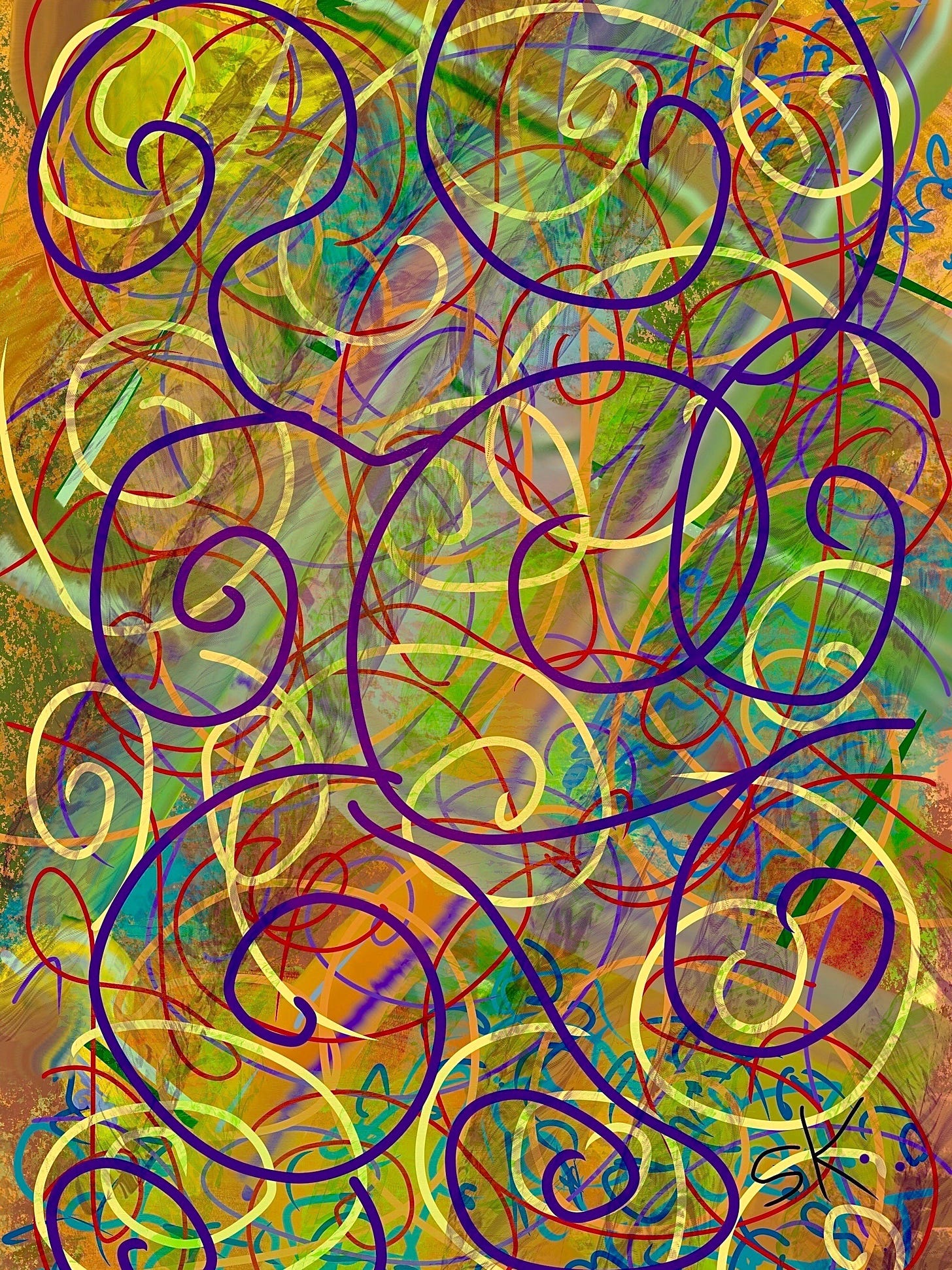 Abstract painting by Sherry Killam Arts featuring multicolored curved lines overlapping each other.