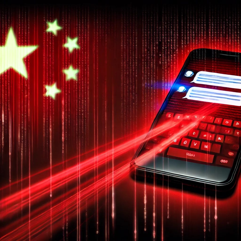 A dramatic, high-quality digital illustration of a smartphone with text messages being intercepted by glowing red lines symbolizing hacking activity. In the background, a faint Chinese flag is integrated subtly into a dark, ominous cyber-themed design.