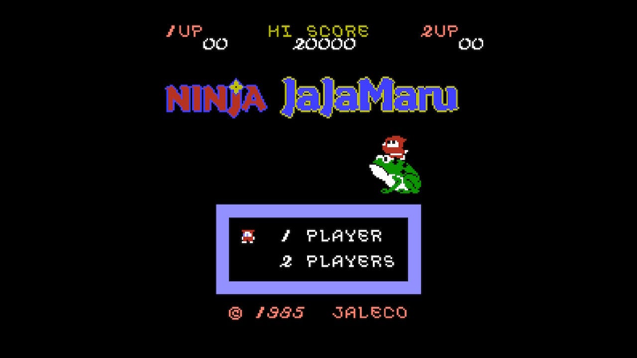 A screenshot of the title screen of Famicom game Ninja JajaMaru-kun. The game's logo is underneath the player score and Hi Score display up top, with the titular JaJaMaru, riding atop his magical frog companion, below that.