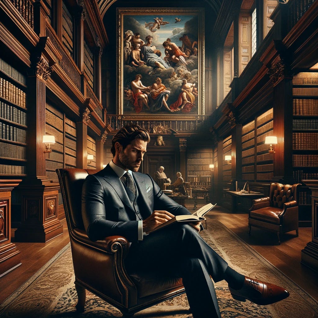 Imagine a scene where a distinguished masculine man in a suit is completely absorbed in reading within the luxurious setting of a grand library, now enhanced with the inclusion of Renaissance art in the background. This library, a symbol of sophistication and intellectual pursuit, is adorned with tall, expansive shelves filled with books and opulent mahogany paneling. The addition of Renaissance art adds a layer of historical depth and beauty, featuring classic paintings and sculptures that echo the artistic achievements and humanist ideals of the Renaissance period. The lighting is refined and atmospheric, subtly highlighting the intricate details of the Renaissance artworks, the rich textures of the library, and the man's focused expression. He sits in a sumptuous leather armchair, his suit impeccably tailored, surrounded by the legacy of knowledge and the timeless allure of art. The scene merges the essence of masculinity, elegance, and the rich tapestry of history and learning.