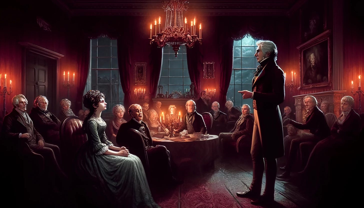 A regency-era drawing room at night, darkly colored with maroon and grey tones. The room is elegantly furnished, reflecting the period style with ornate details. Miss Clara, a curious young woman in a period dress, peers towards Samuel Alton, a visionary gentleman, who stands confidently explaining his ideas. Mr. Hawthorne, an intrigued older gentleman, leans forward in his seat. The guests around are a mix of excited and disturbed expressions, capturing the tension of the discussion about reanimating the deceased for labor and industry. The atmosphere is charged with a mixture of horror and fascination, enhanced by soft candlelight casting shadows across the room.