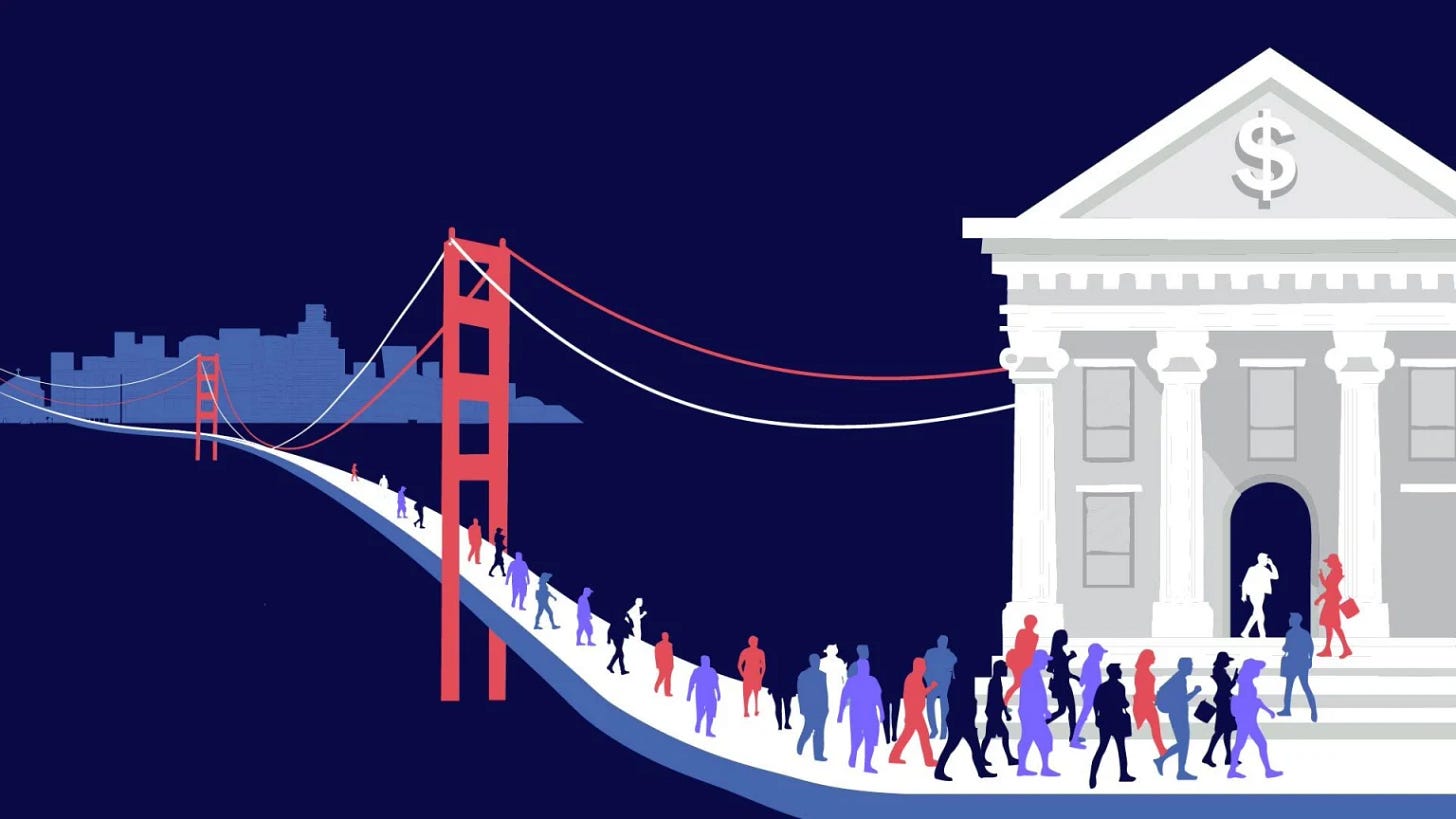 Vector art of people walking to a bank