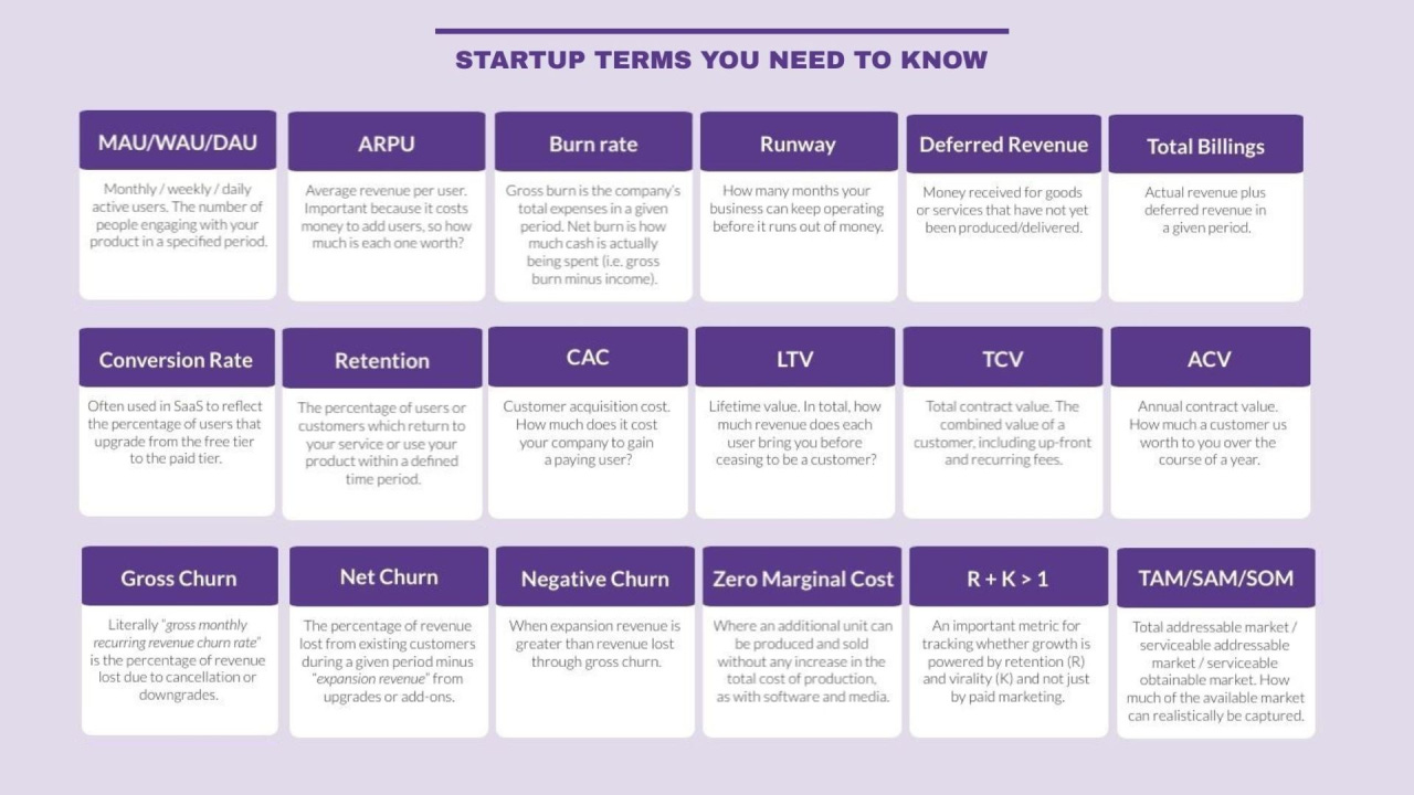 Visual table of startup terms including ARPU, CAC, TCV, churn rates, and TAM, linked to scalability and growth potential for startups.