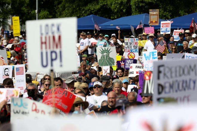 People participate in the "No Kings" rally near the Georgia State Capitol in Atlanta, Georgia, U.S., June 14, 2025.