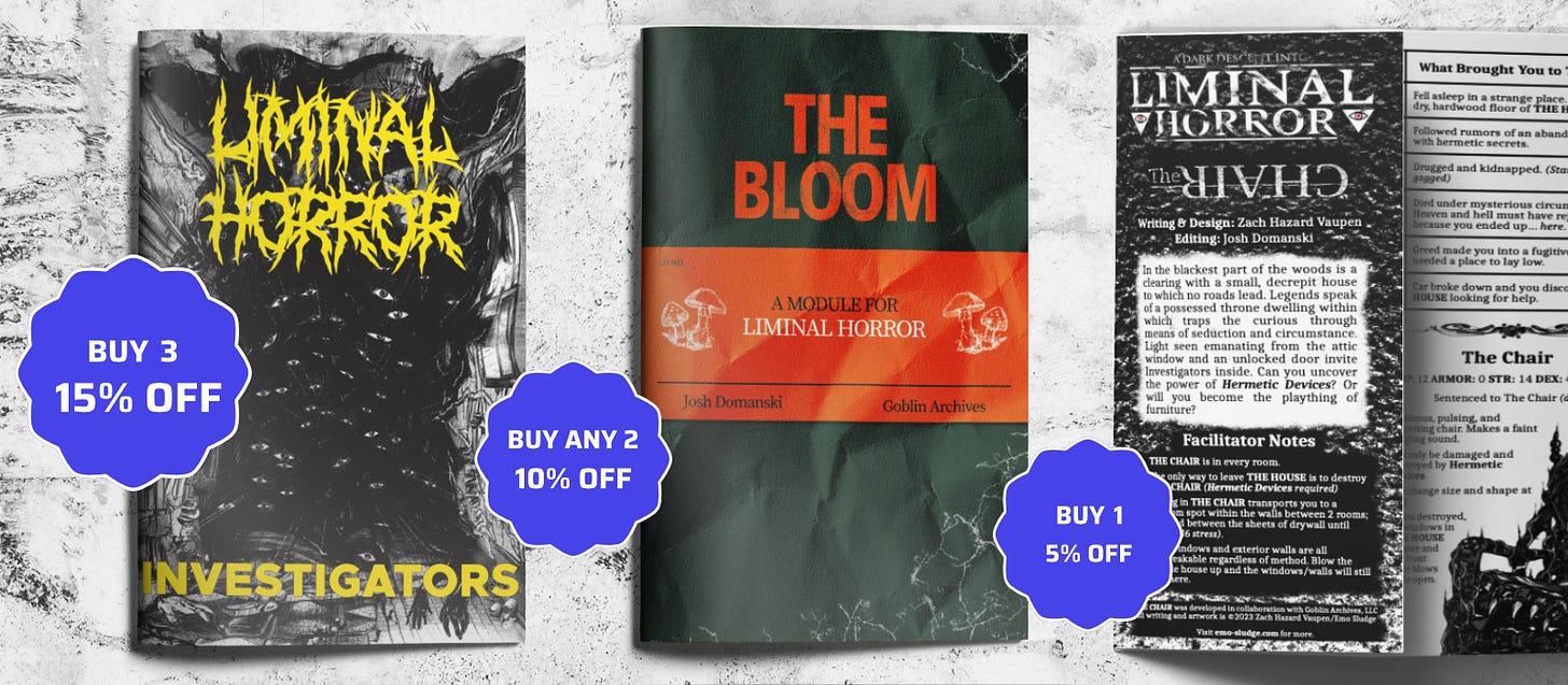 The three Liminal Horror zines, with each scaling discount.