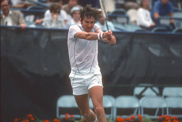 Jimmy Connors of the United States hits a return during a match in the Men's 1981 US Open Tennis Championships circa 1981 at the USTA National Tennis...