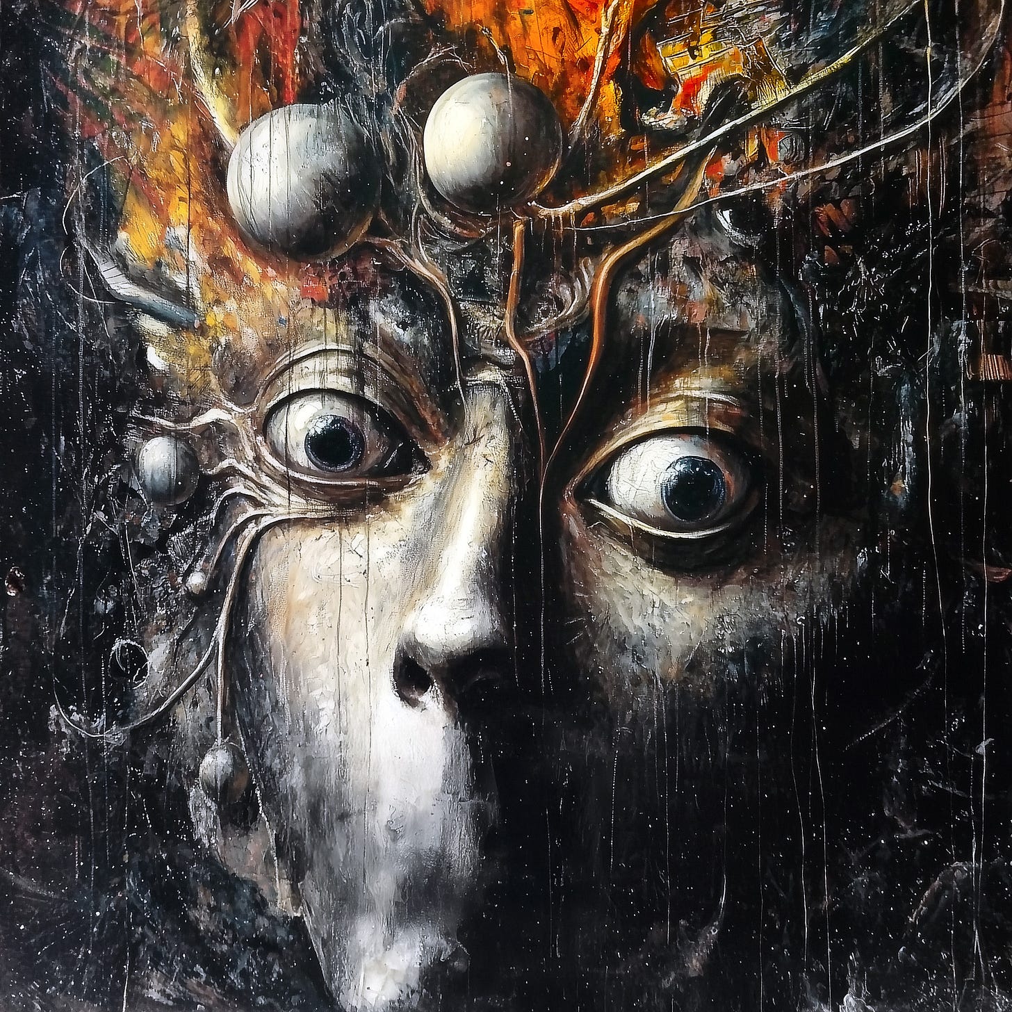 A haunting close-up of a pale face with wide, intense eyes against a dark background. Metallic spheres float above, trailing ethereal lines. Fiery oranges and deep blacks create a turbulent atmosphere. The face appears to emerge from dripping paint, suggesting the struggle of translating rich internal imagery into external expression.