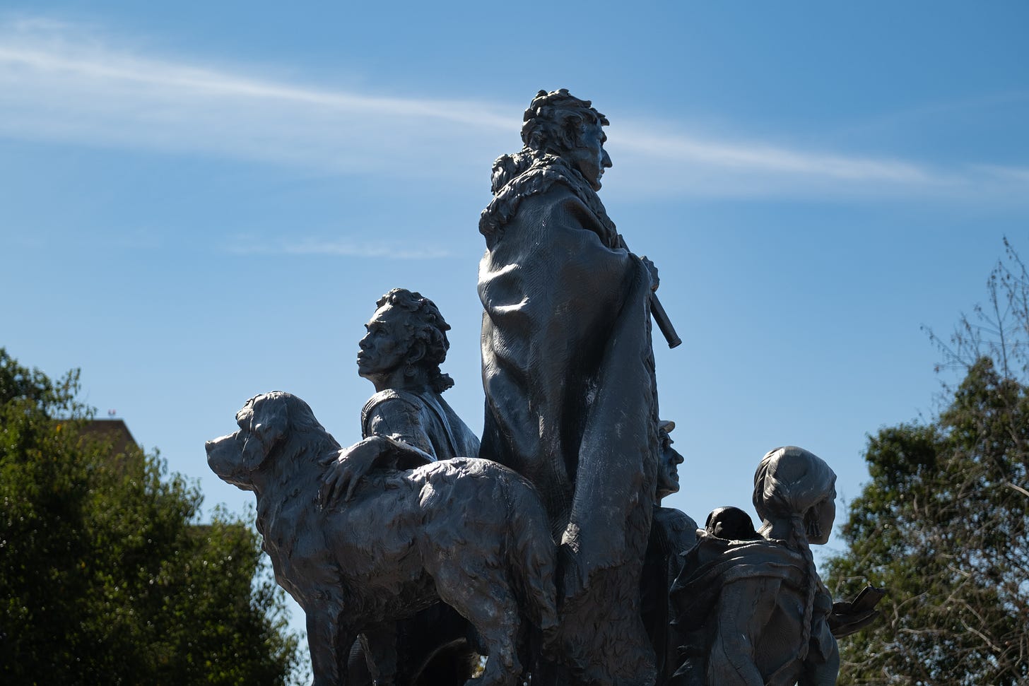 The Corps of Discovery monument to LEwis and Clark in Kansas City depicts Seaman the dog; York; Captains Lewis and Clark; and Sacajawea and her baby, Jean-Baptiste.