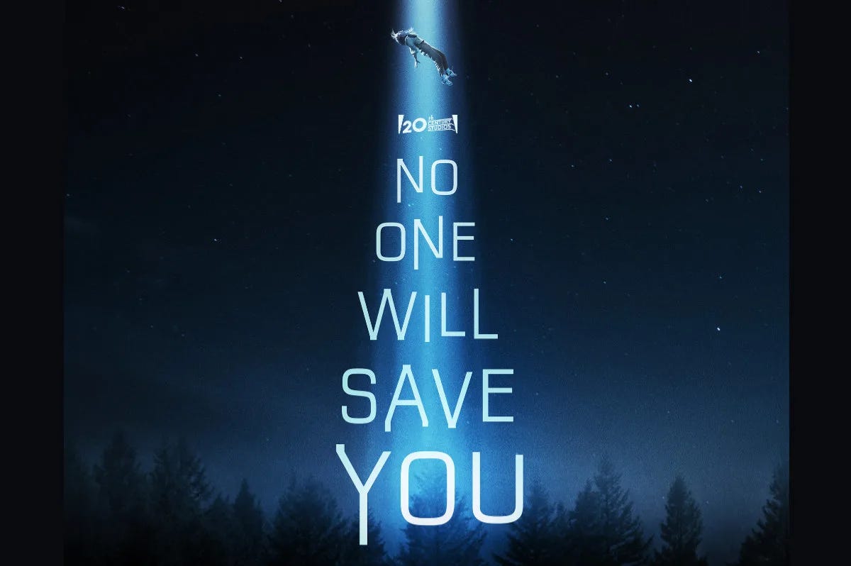 picture of Kaitlyn Dever floating over a house with the title "No One will Save You" under, bathed in a white light