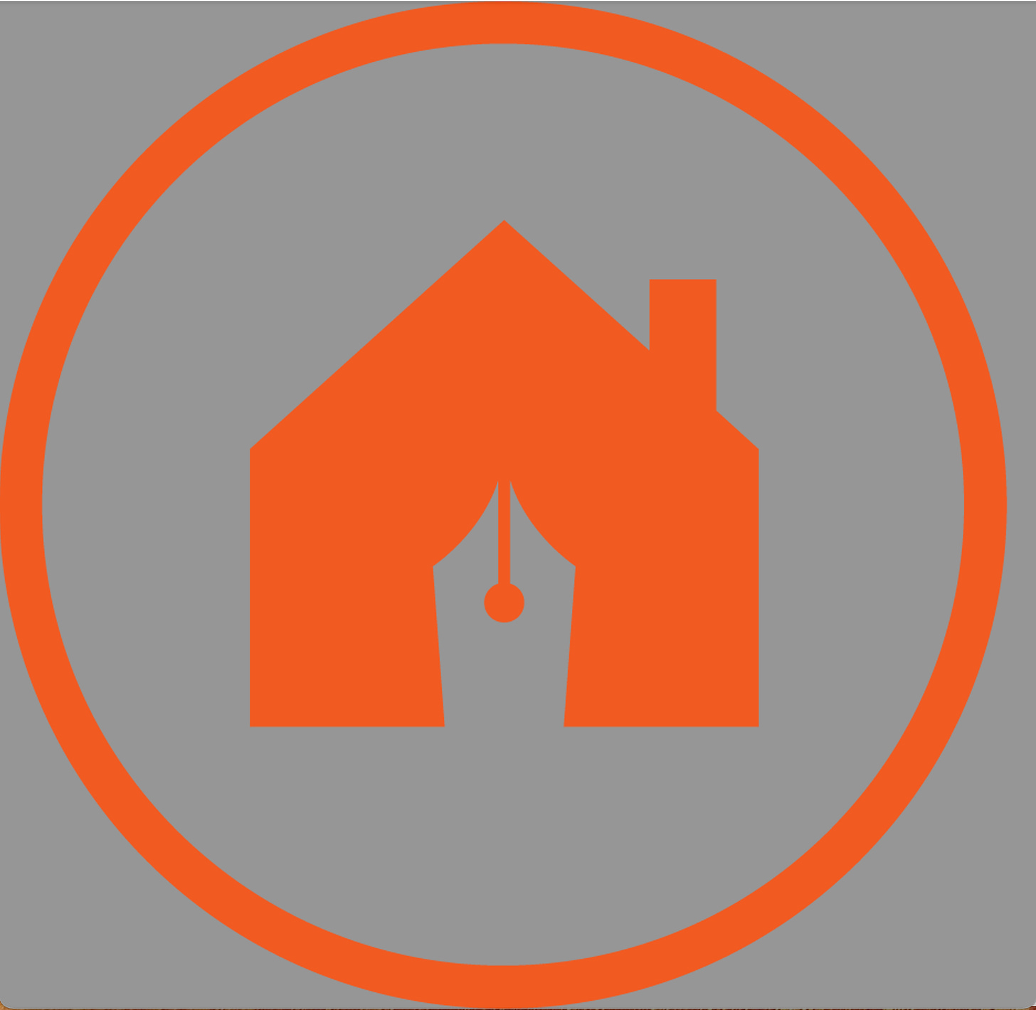 Orange circle around an orange house. the door of the house is the shape of a pen pointing upwards. The logo represents the company Writers' Haven, created by memoir coach Christine Wolf.