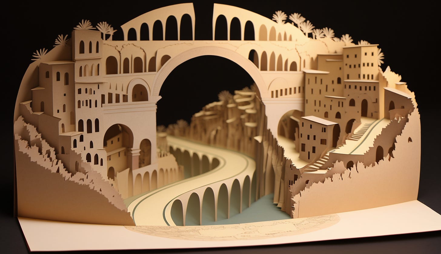 Midjourney prompt: all roads lead to rome during roman empire era kirigami