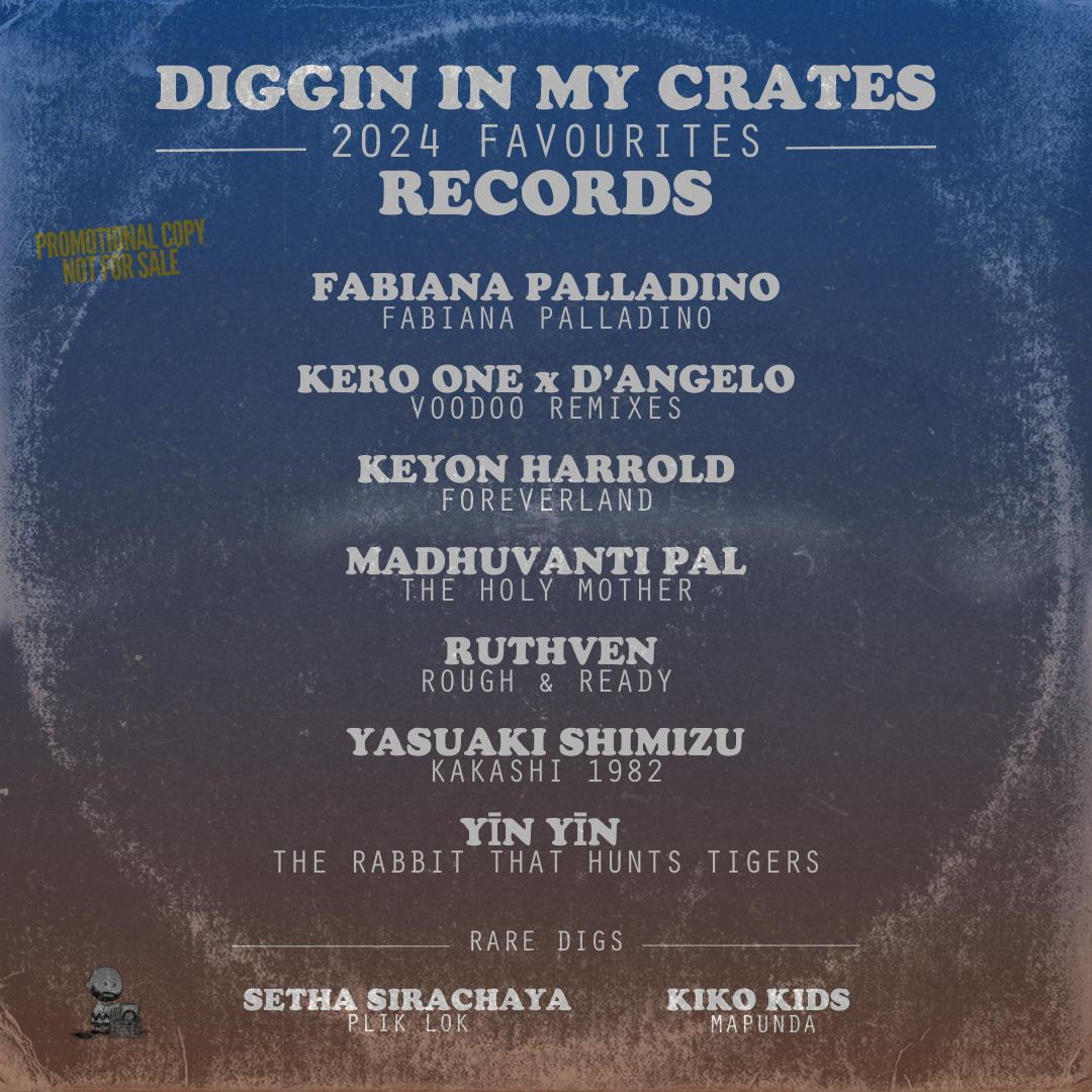 A vintage-style graphic with a textured blue-to-brown gradient background titled "Diggin In My Crates 2024 Favourites – Records." It lists albums and artists, including Fabiana Palladino, Kero One x D’Angelo, Keyon Harrold, Madhuvanti Pal, Ruthven, Yasuaki Shimizu, and YĪN YĪN, with rare picks by Setha Sirachaya and Kiko Kids. A "Promotional Copy Not For Sale" stamp is in the corner, along with a small Charlie Brown-style illustration looking through a box of records.