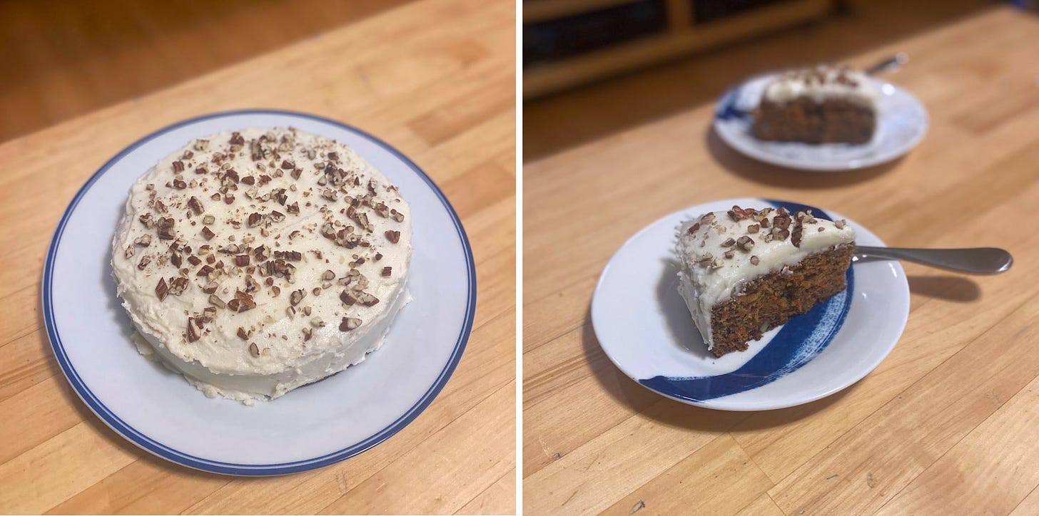 Left image: a round, single-layer cake with white icing and chopped pecans on a white plate with a blue rim. Right image: Two slices of the cake on small blue and white plates with forks resting on them.