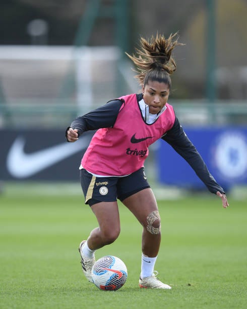 Catarina Macario of Chelsea in action during a Chelsea FC Women's Training Session at Chelsea Training Ground on March 01, 2024 in Cobham, England.