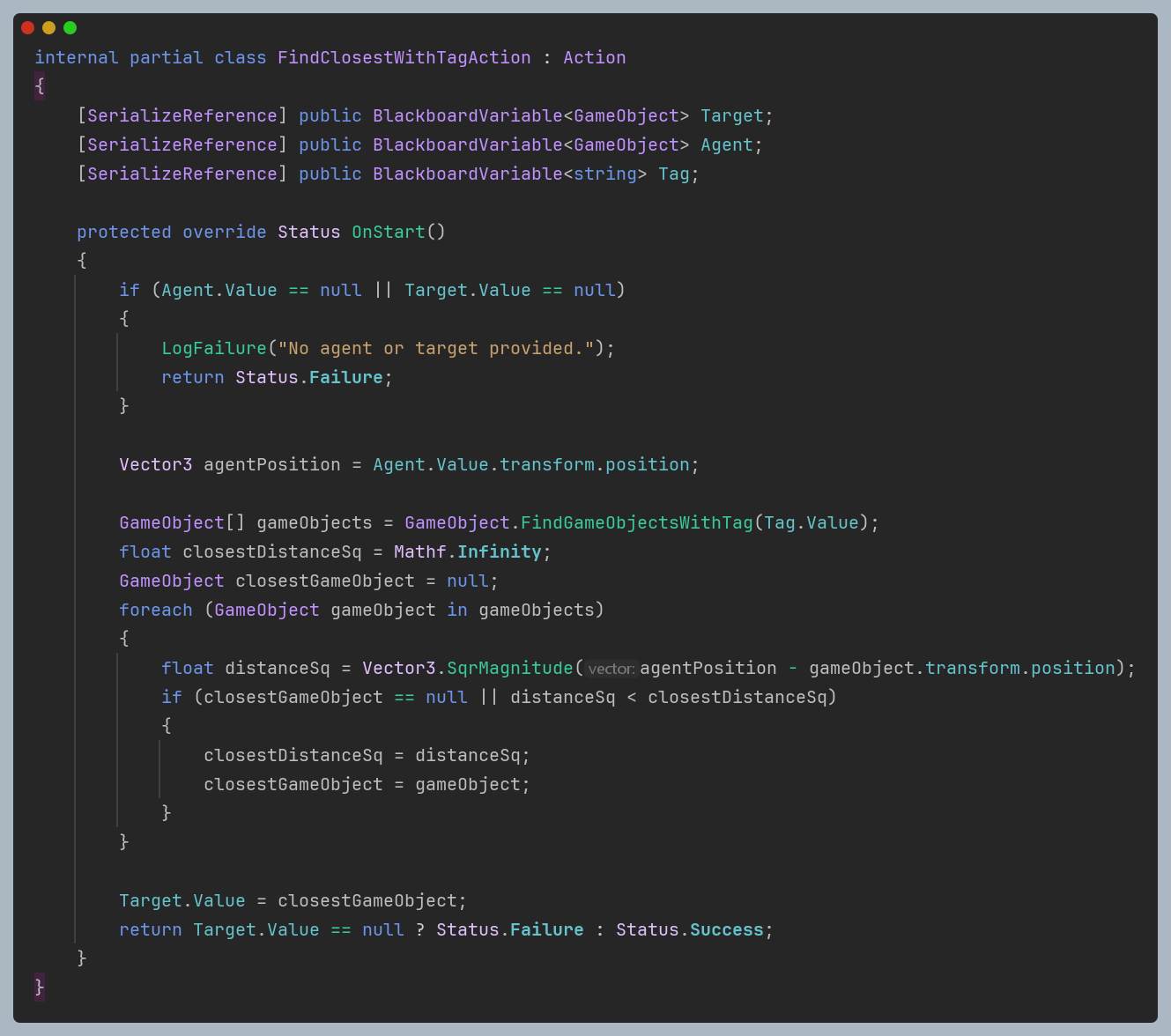 An image showing the code for the 'FindClosestWithTagAction' class