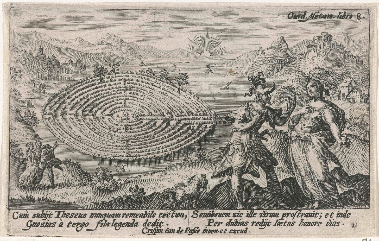 Old graphic showing Theseus, Ariadne and the maze of the Minotaur