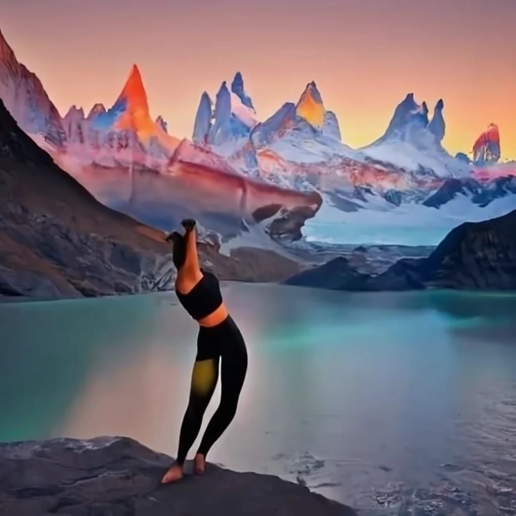 Hot girl wearing yoga pants bending over at Monte Fitz Roy in South America