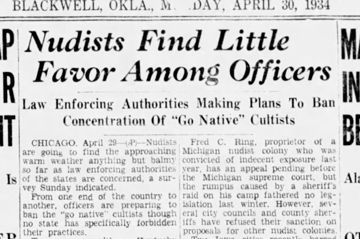 Nudists Find Little Favor Among Officers  Law Enforcing Authorities Making Plans to Ban Concentration of “Go Native” Cultists - Chicago