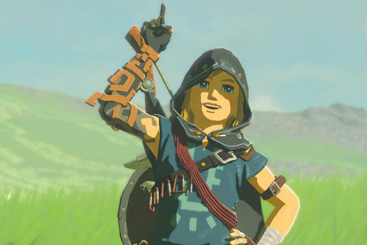 Link smiles at the camera and points up to the sky in Zelda: Tears of the Kingdom