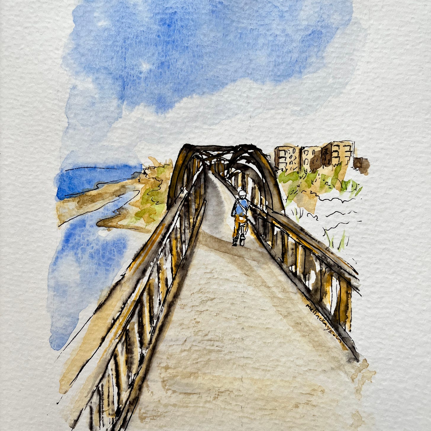 Image: A painting of a scenery at the bridge at the mouth of the Onda River, towards VILA DO CONDE, Portugal, with a man in the distant seen from the back, on a bicycle. It’s in black water-soluble ink and looser watercolour (blue skies, splashes of light brown, and speckles of green)