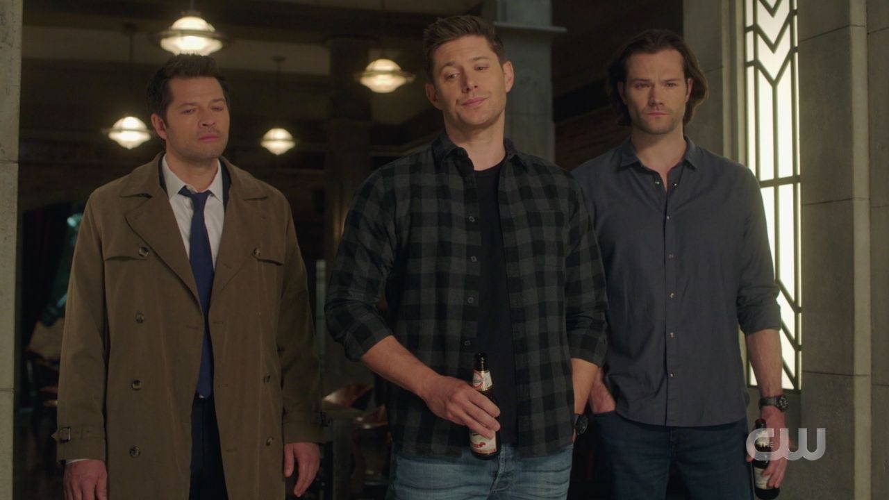 Dean Sam Winchester with Castiel at Mary memorial service SPN 14.19