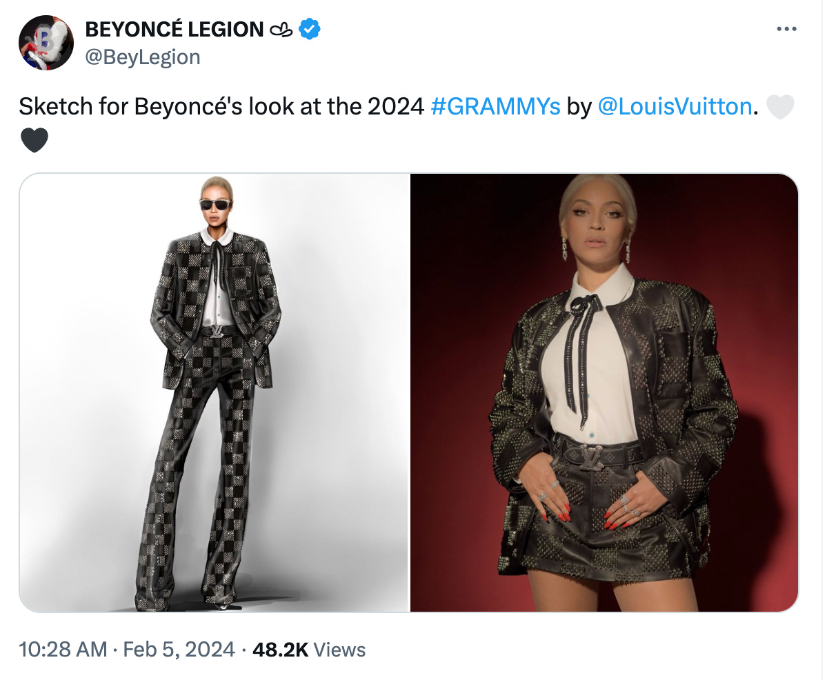 Screenshot of Tweet from @/beylegion showing an artist sketch and photo of Beyonce's Grammy outfit in 2024