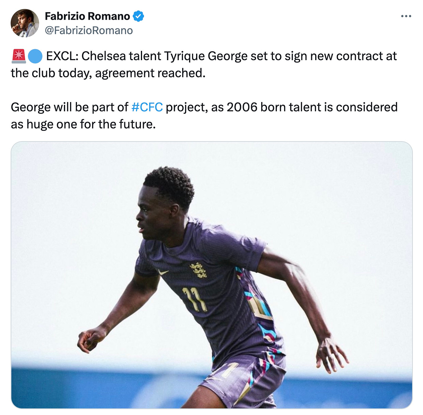 A tweet by Fabrizio Romano about Tyrique George