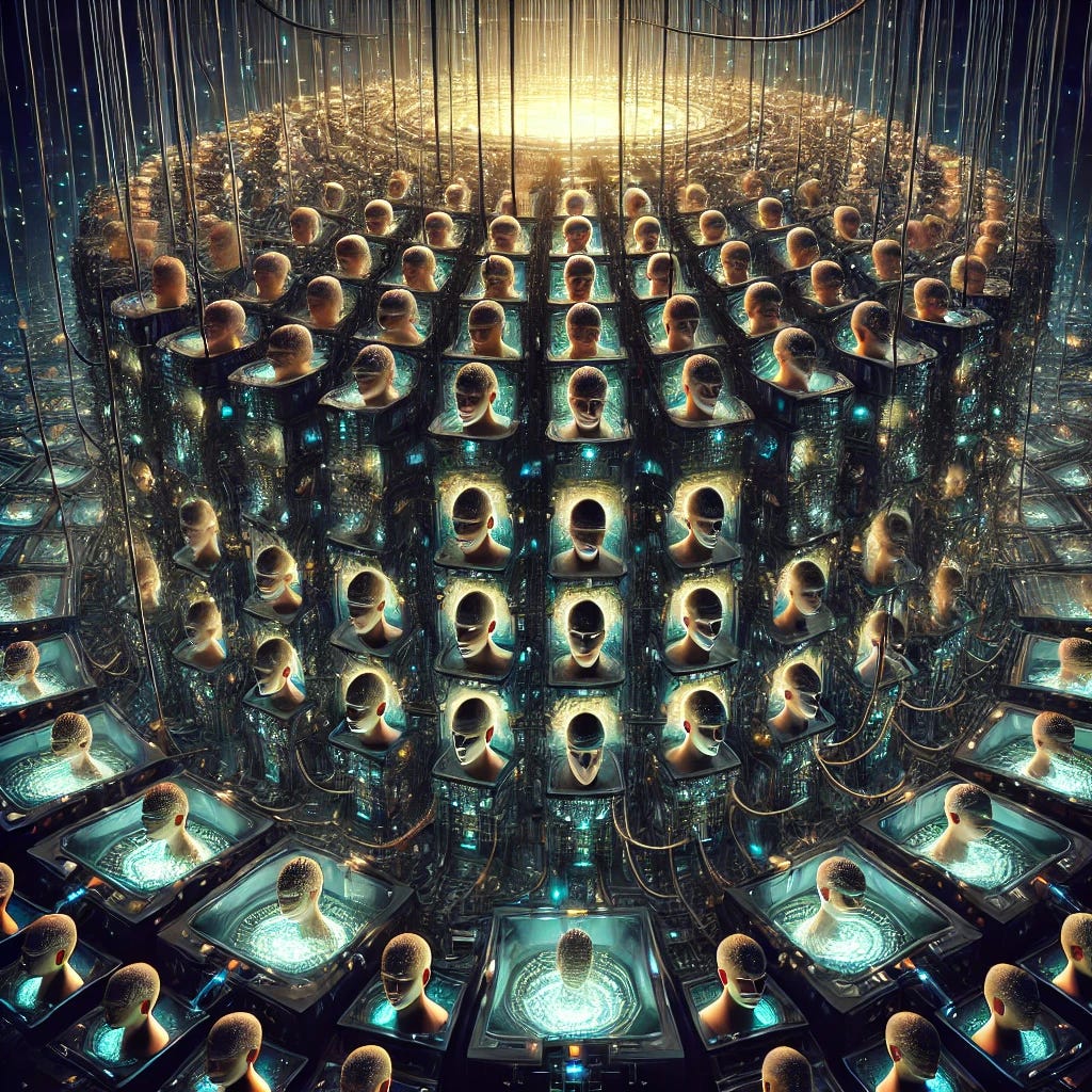 An illustration of a giant hive-like structure where numerous human heads are plugged into a matrix-like virtual reality system. Each head is connected to a network of cables and machinery, with a central core that manages the virtual environment. The hive is dark and futuristic, with glowing elements representing the connections. The virtual reality systems are shown as individual pods or stations, and the atmosphere should convey a sense of vastness and complexity. The overall color scheme should be dark and dystopian, with hints of glowing light.