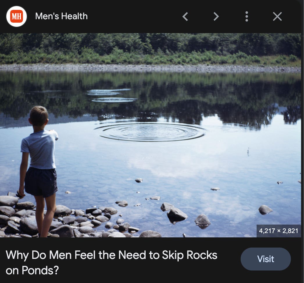 screenshot of a boy skipping rocks across a pond