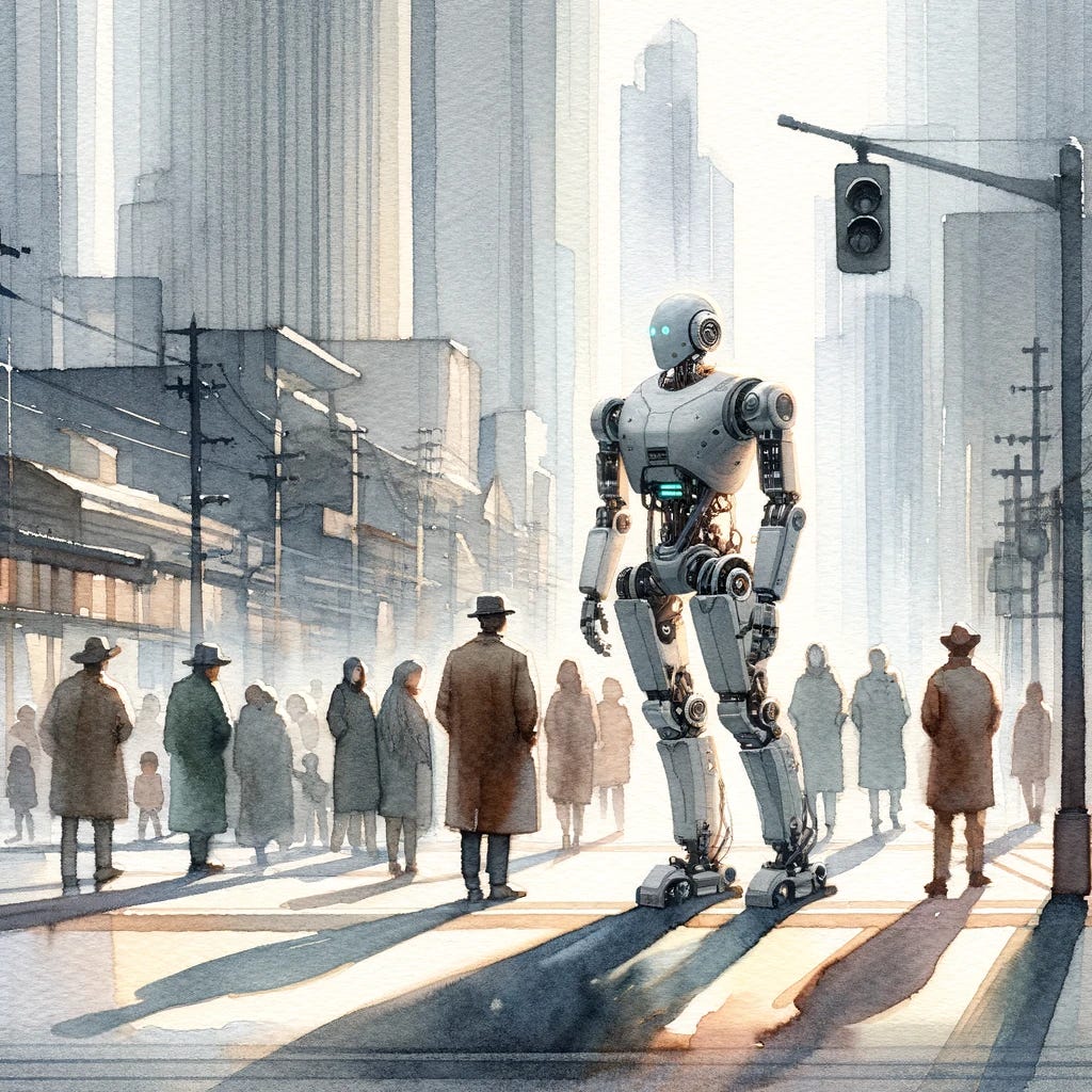 A watercolor painting depicting a scene with a human-sized robot standing among a group of people on a street corner. The robot and people are integrated seamlessly into the urban environment, suggesting a future where robots and humans coexist naturally. The color palette is muted, emphasizing soft grays, blues, and earth tones to evoke a serene and slightly nostalgic atmosphere. Light shadows and gentle highlights add depth and realism to the figures and the surrounding cityscape, capturing the quiet harmony of the moment.