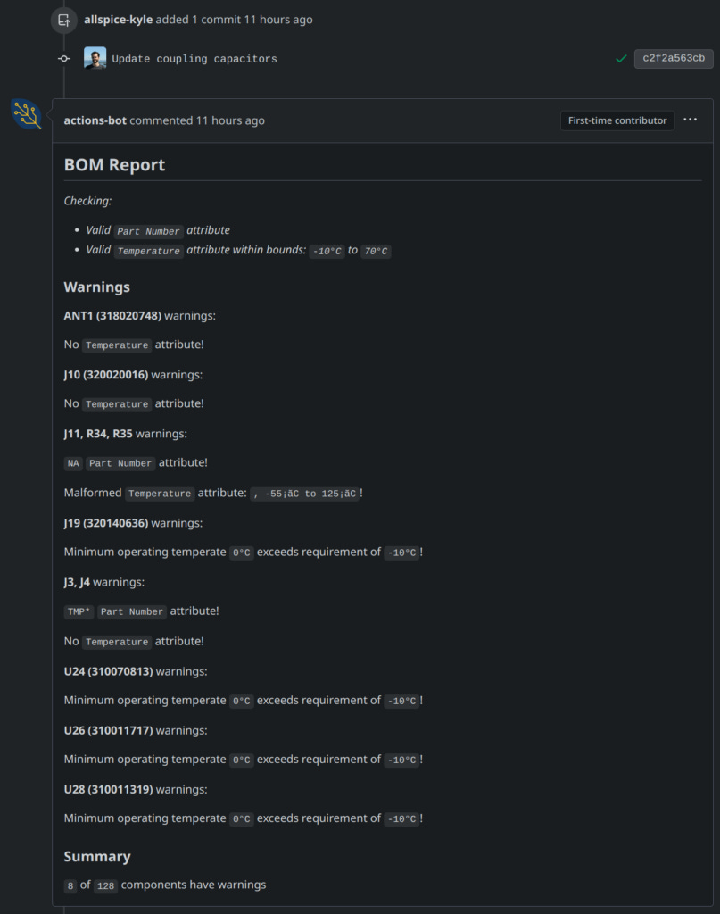 A BOM report shows tests for a component check.