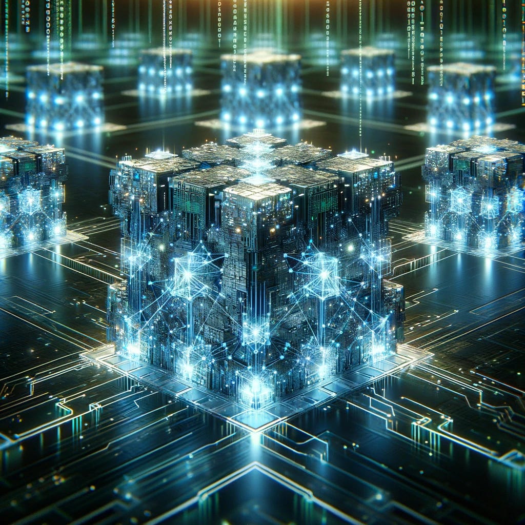 Visual representation of a blockchain node, featuring an abstract, futuristic design. The scene includes a complex, glowing network of interconnected cubes, symbolizing the blockchain's distributed ledger. Each cube is intricately detailed, resembling a miniaturized data center with glowing lights and intricate circuitry. The background is a digital landscape, with binary code streaming down like rain in a matrix-style environment. The overall color scheme is dominated by shades of blue and green, emphasizing a high-tech, cybernetic atmosphere.