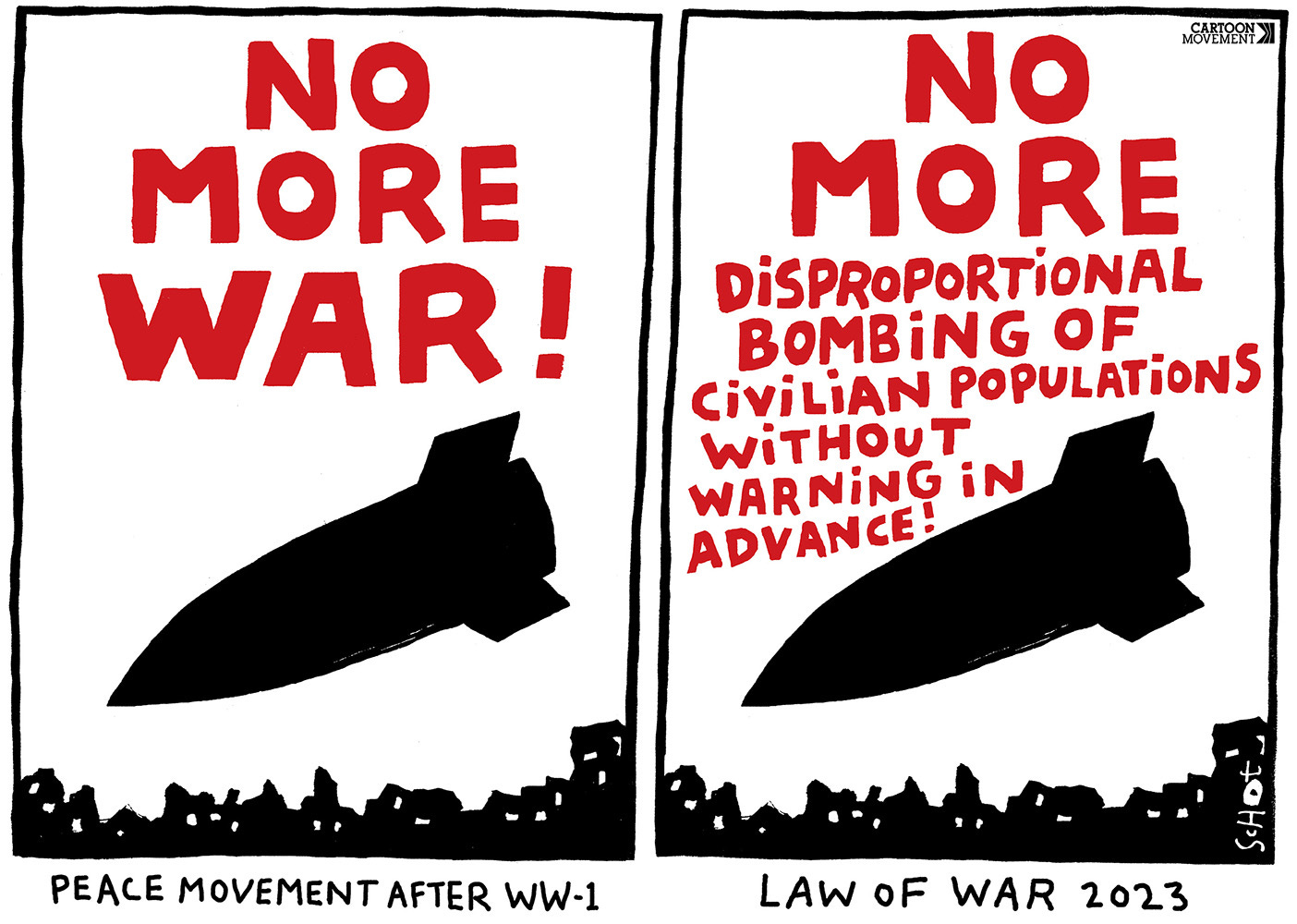 Two-panel cartoon: in the first panel, we see bomb falling with above it the text "No more war!". Below the panel is the caption "Peace movement after WW1". In the second panel, we see bomb falling with above it the text "No more disproportional bombing of civilian populations without warning in advance". Below the panel is the caption "law of war 2023".