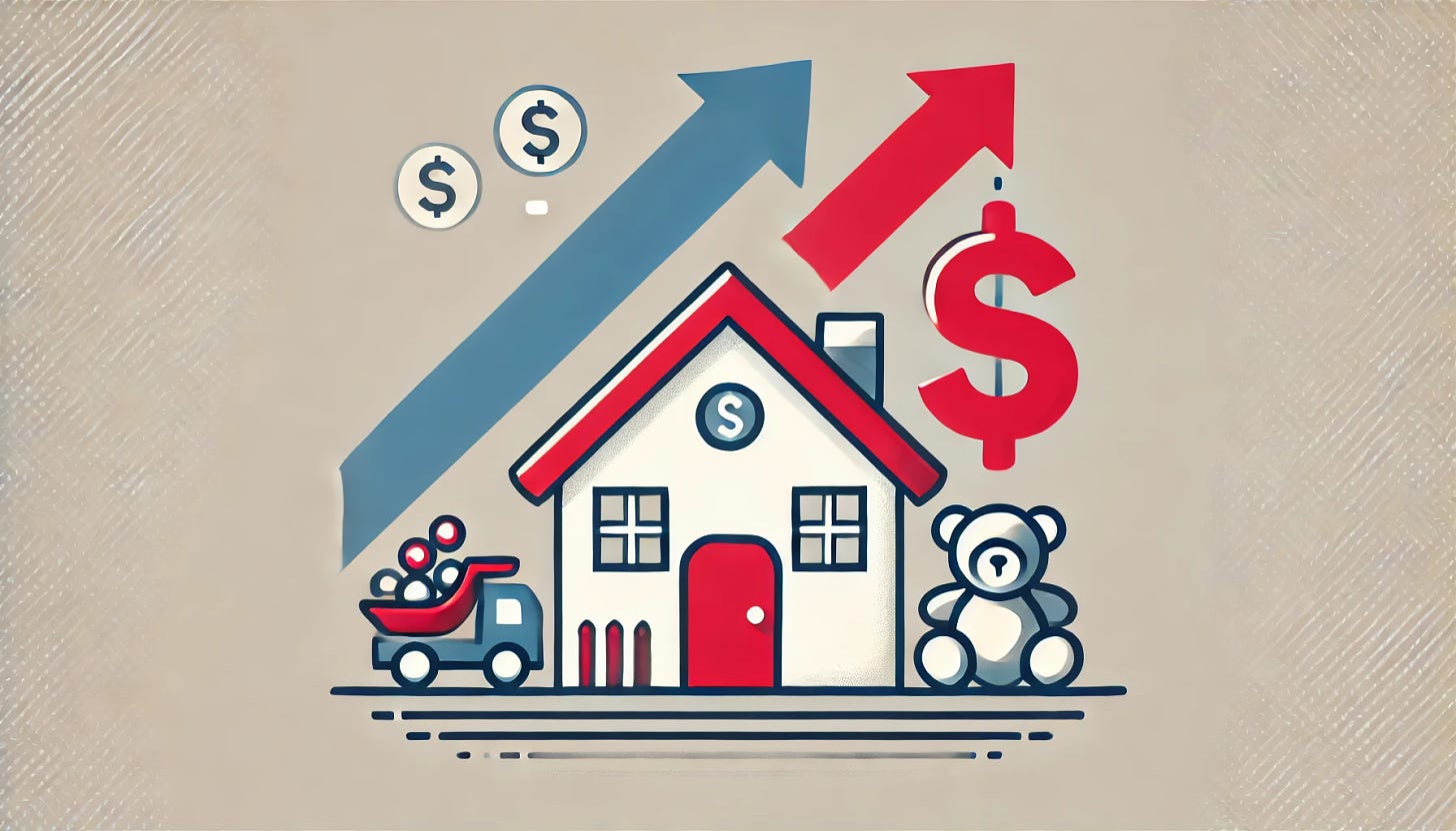 A minimalist graphic in landscape format using red, white, and blue to represent tax increase for childcare. The image features a small house or childcare center, with children's toys like teddy bears, alongside a dollar sign and an upward arrow symbolizing rising taxes. The design is clean with no text and a plain background.