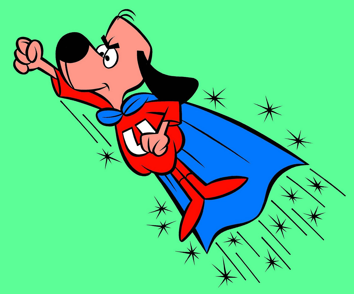 Cartoon image of a flying dog wearing a red shirt with the letter U on the chest, as well as a blue cape. He looks brave, but not strong.