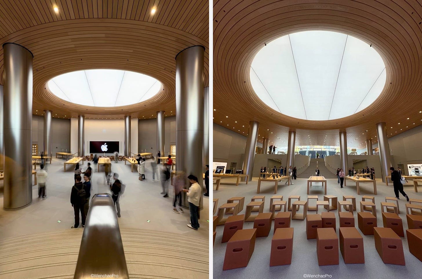 Collage: the Forum level at Apple Jing'an, photographed from the stairs and near the video wall.
