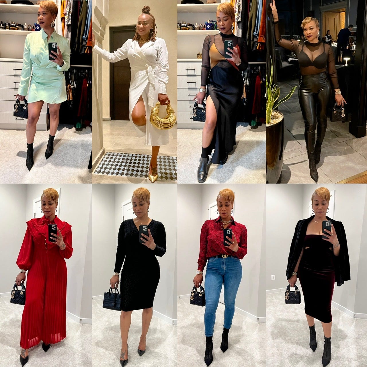 Muliple pictures of woman with a green mini dress black heel boots, and a mini purse; a midi length silk white dress with gold heels and a gold purse; a black slip dress with a sheer shirt underneath and chunky flat boots; faux leather pants with a sheer shirt and heeled boots; a long red pleated jumper and black heels; a little black dress and heels; blue skinny jeans heel boots and a reb and black pleated shirt; and a burgandy cutout dress with a black blazer and heeled boots.