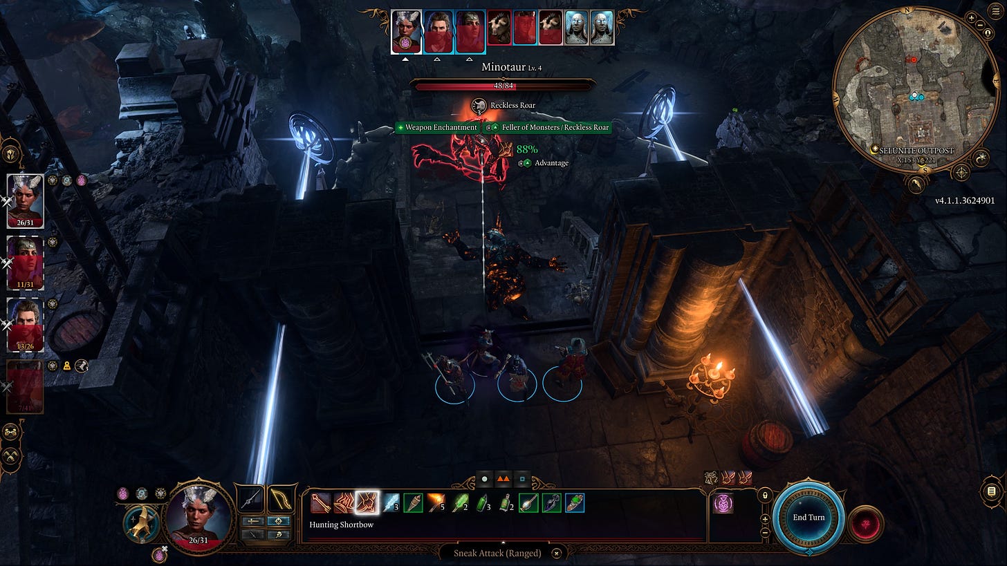 An in-game screenshot of the game Baldur's Gate III, showing a combat instance where a rogue character prepares a Sneak Attack aiming at a minotaur with the highlighted interface. The scene takes place in an underground temple exiting into a cave environment.