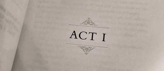 This may contain: an open book with the word act i printed on it's page, in black and white