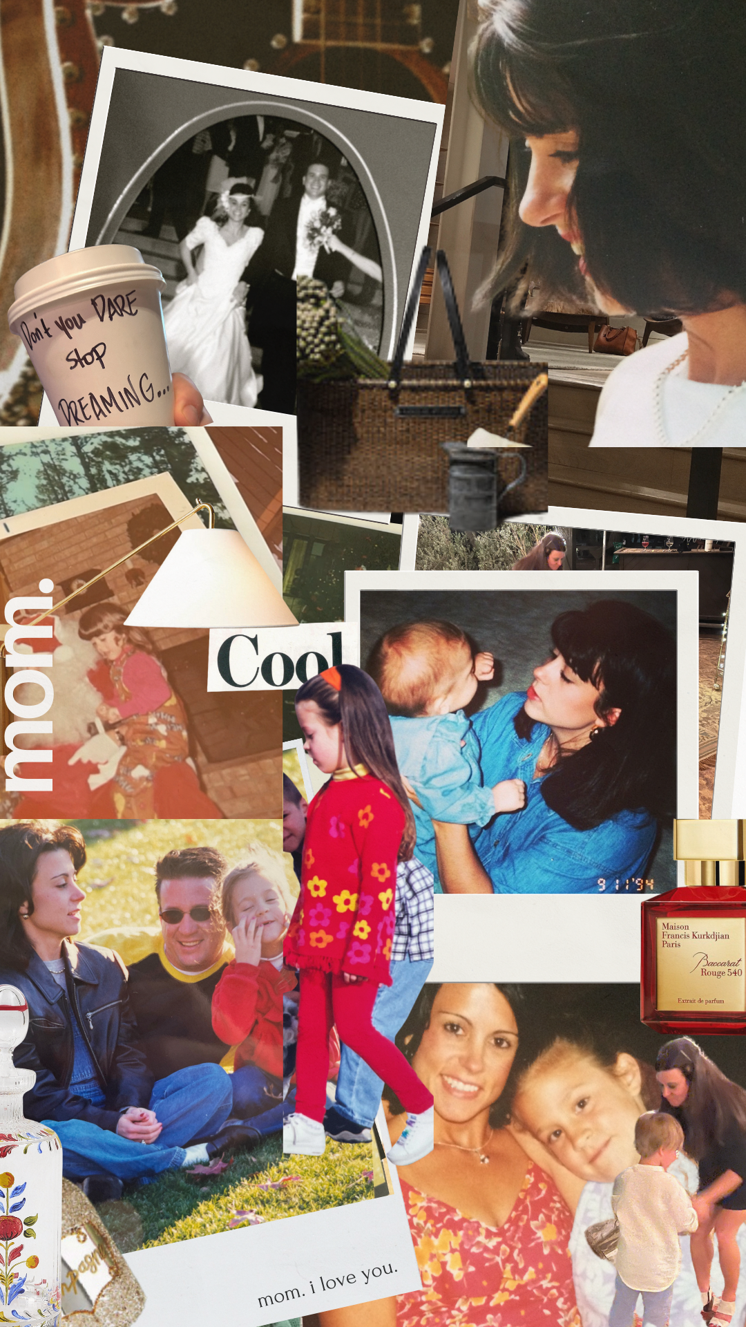 Mother's Day collage highlighting 90s home decor trends, featuring vintage photos of mothers and children in nostalgically styled interiors, complete with geometric patterns and pastel color palettes. The image captures the essence of 90s interior design and family moments.