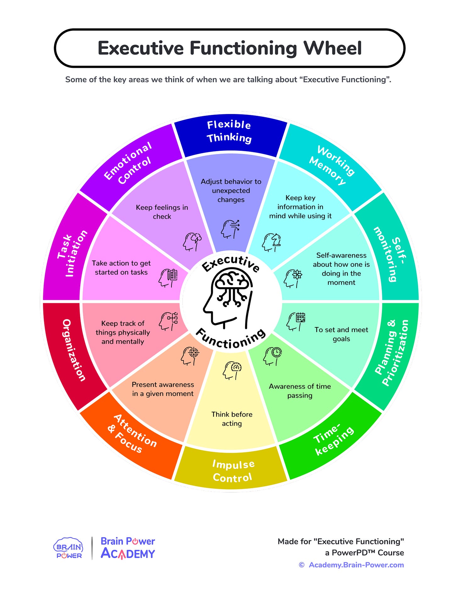 A wheel that shows the 12 domains of executive function.