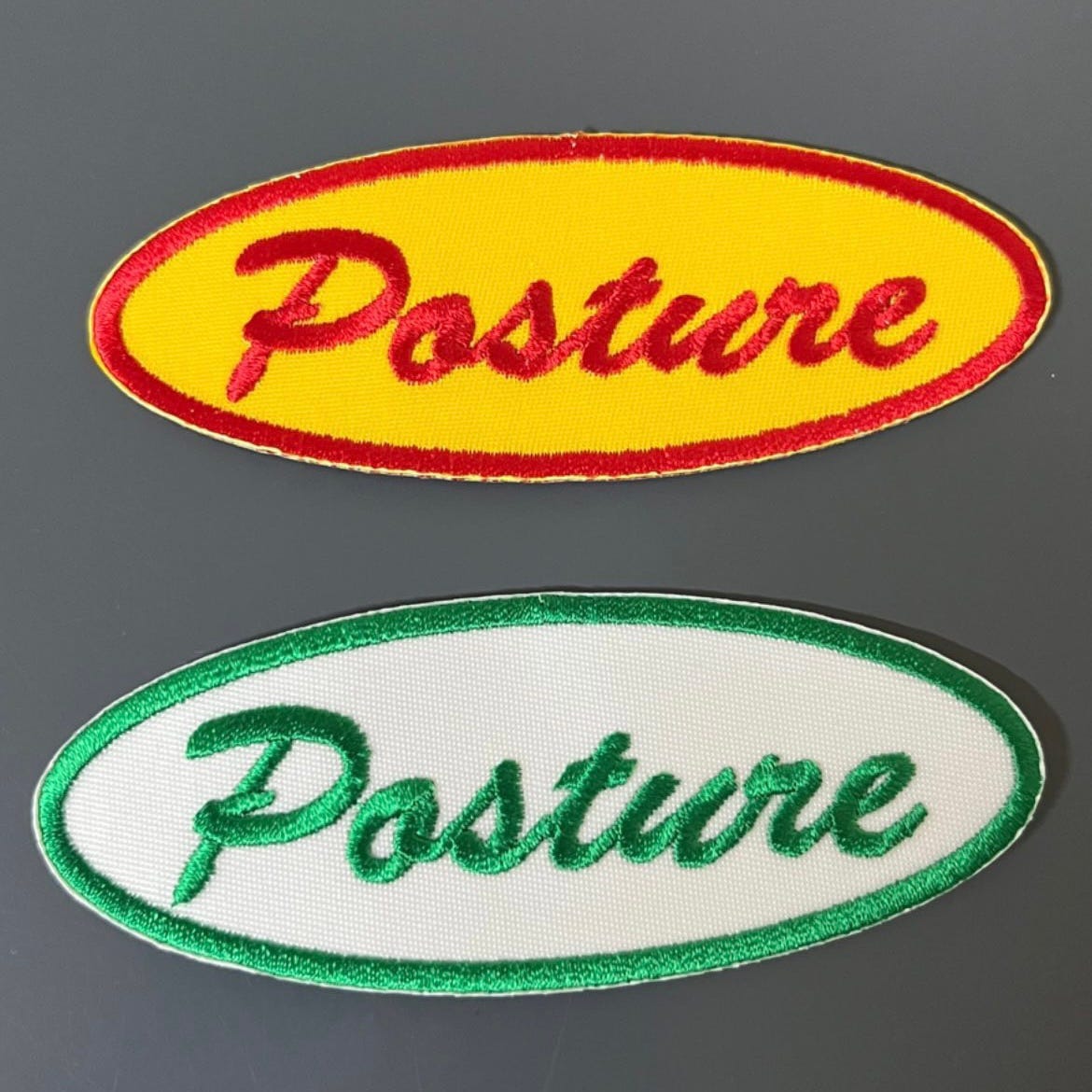 Oval patches that read "Posture"