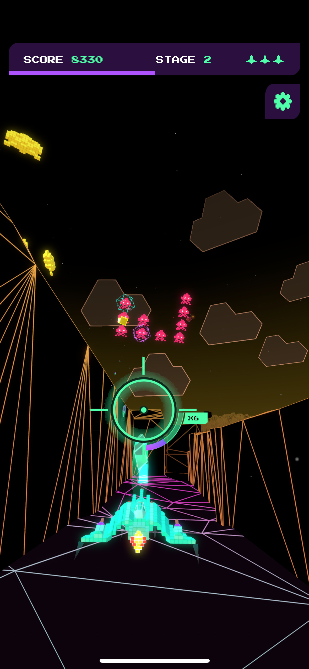 A spaceship flies through a wireframe valley toward some space invaders