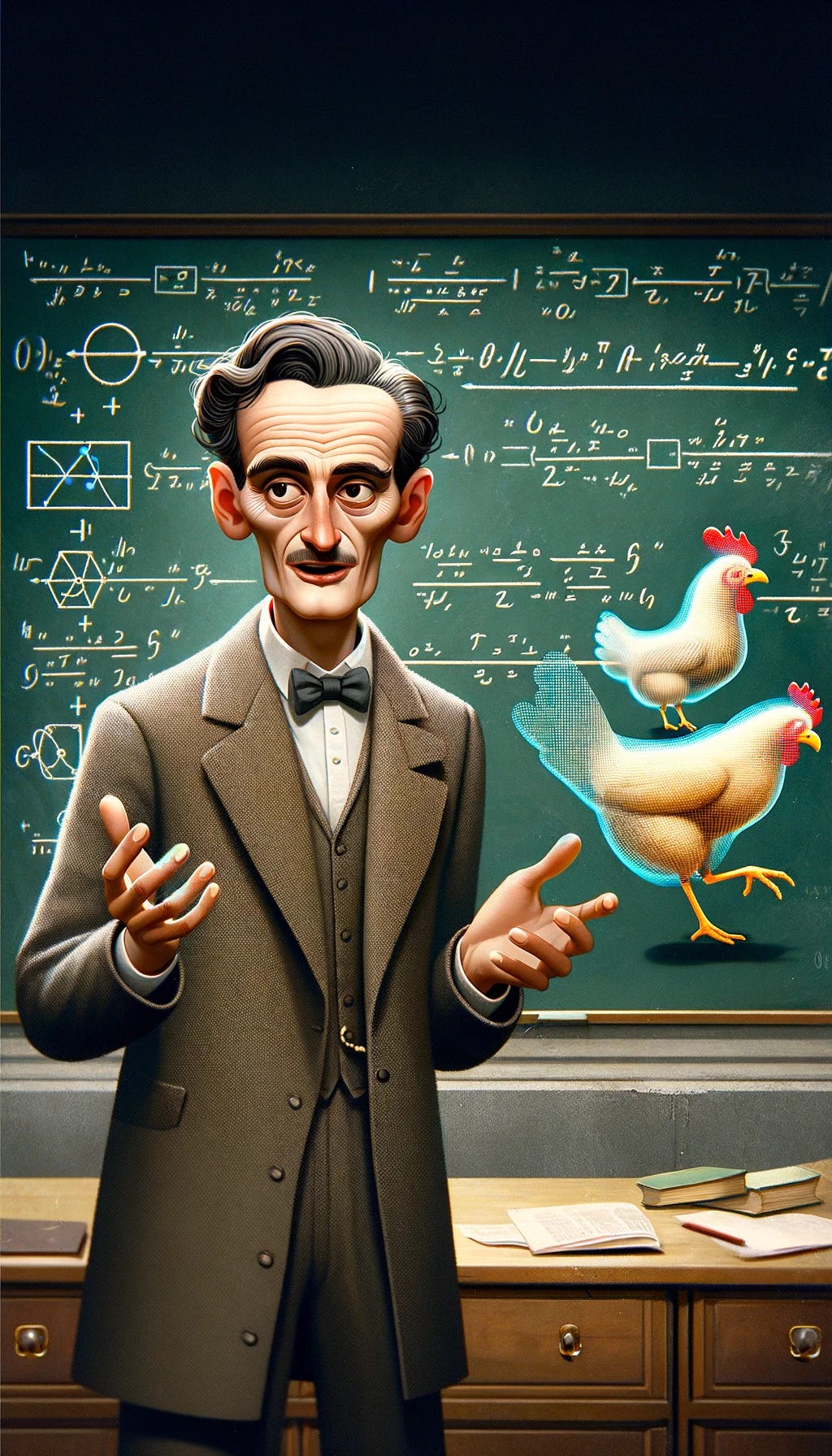 A whimsical portrait of a theoretical physicist resembling Paul Dirac, depicted as if explaining a complex theory humorously. The character is a Caucasian male with a slim build and neatly combed hair, dressed in a traditional 1930s suit. He stands in front of a chalkboard filled with equations related to quantum mechanics. In the foreground, a cartoonish chicken appears, represented in multiple translucent forms, symbolizing its simultaneous different paths across a road, visually illustrating the concept of quantum superposition and the sum over histories.
