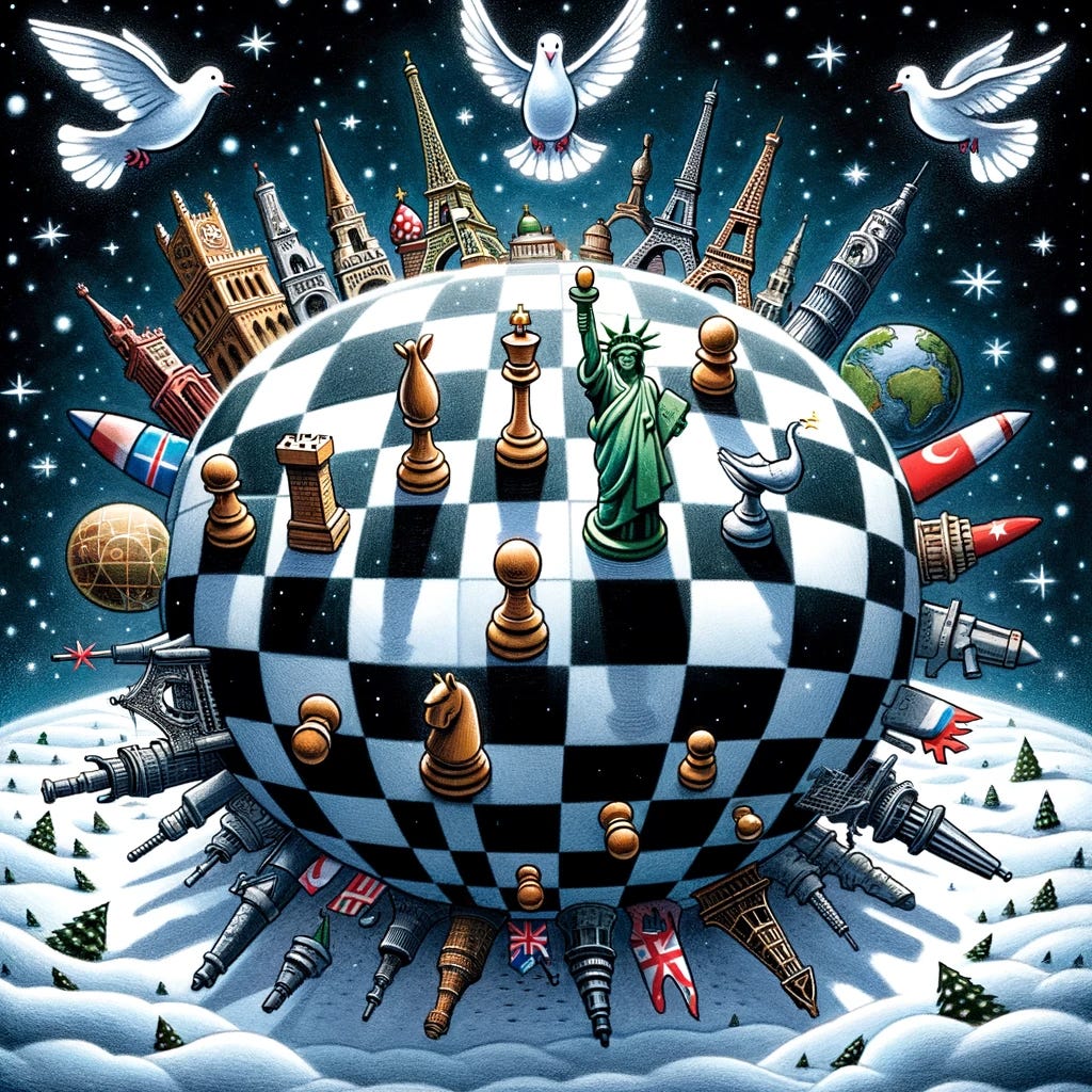 Doves and chess pieces on a world in the shape of a chessboard
